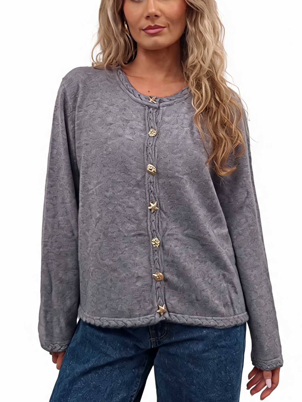 Cropped Relaxed Fit Gold Starfish & Shell Buttons and Braided Cable Trim Cardigan