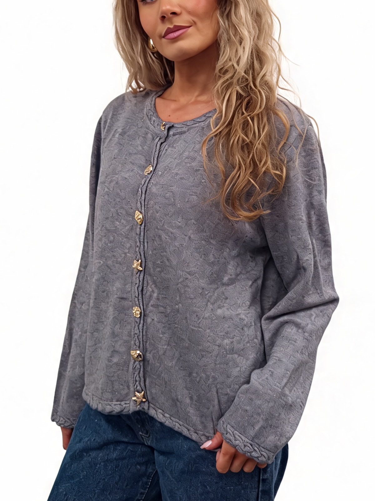 Cropped Relaxed Fit Gold Starfish & Shell Buttons and Braided Cable Trim Cardigan