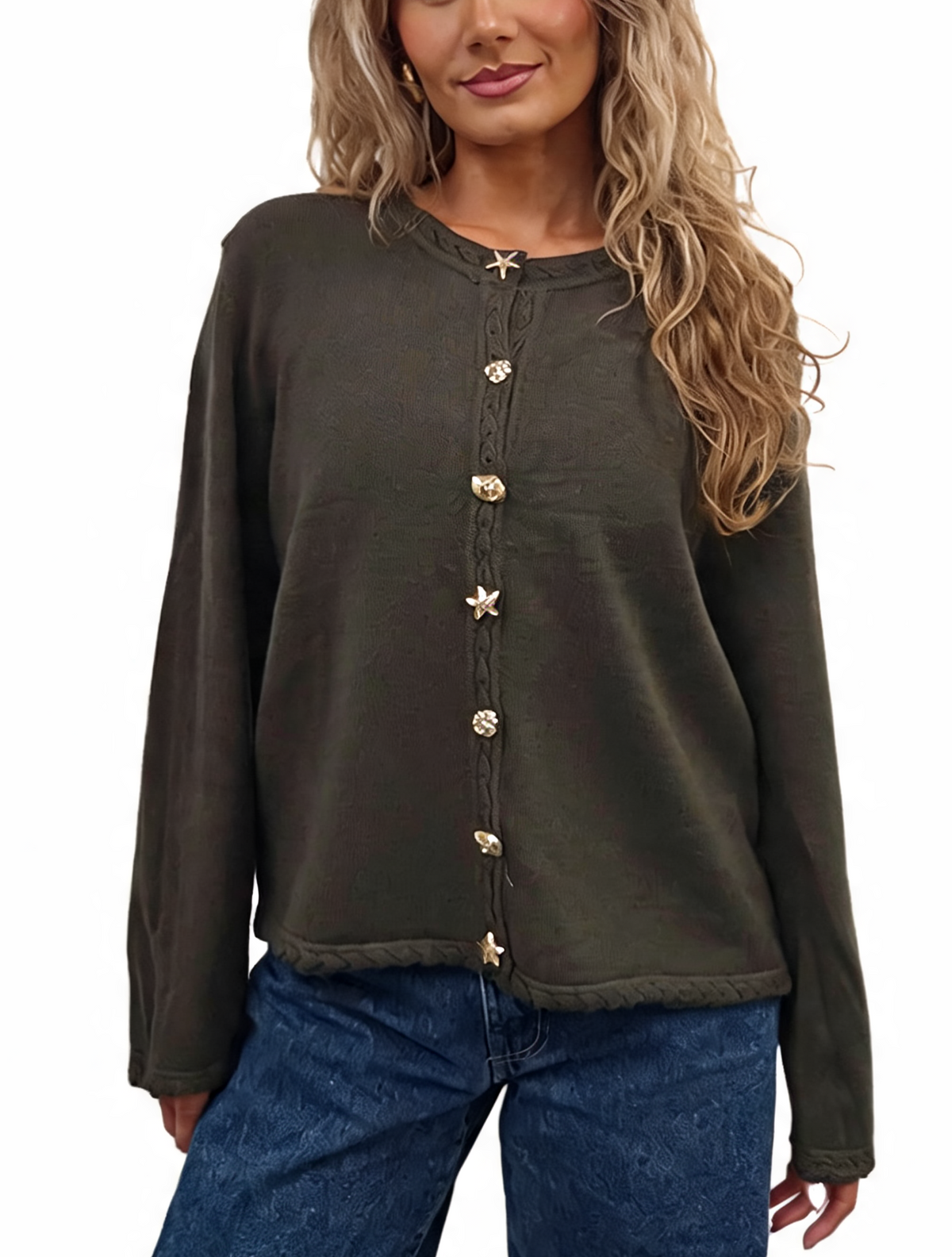 Cropped Relaxed Fit Gold Starfish & Shell Buttons and Braided Cable Trim Cardigan