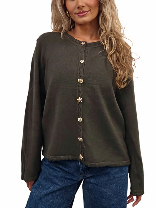 Cropped Relaxed Fit Gold Starfish & Shell Buttons and Braided Cable Trim Cardigan