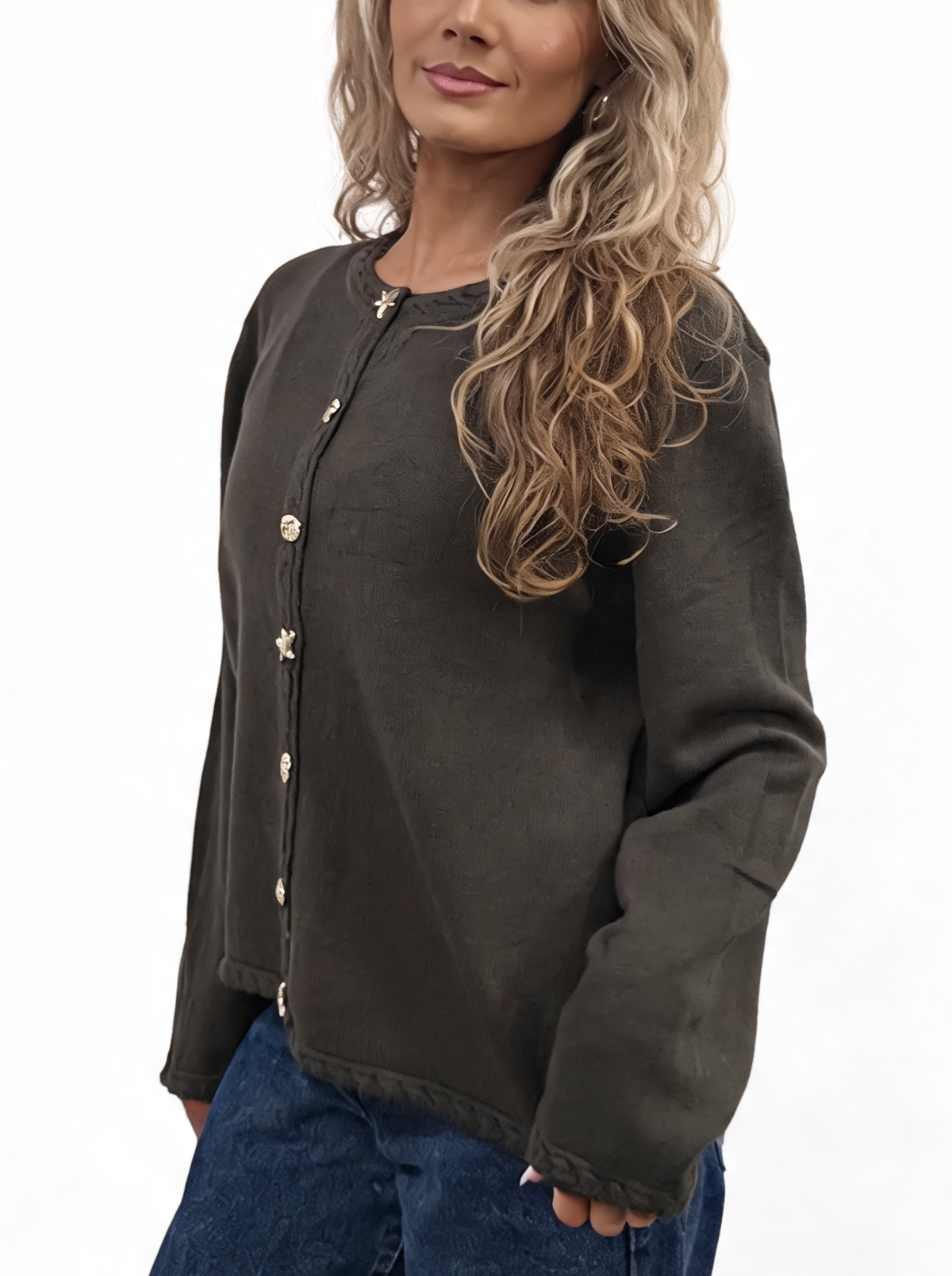 Cropped Relaxed Fit Gold Starfish & Shell Buttons and Braided Cable Trim Cardigan
