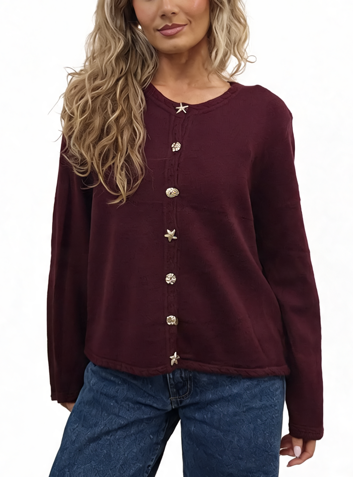 Cropped Relaxed Fit Gold Starfish & Shell Buttons and Braided Cable Trim Cardigan