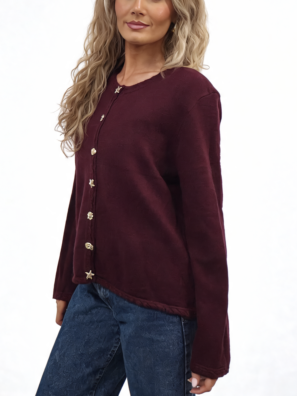 Cropped Relaxed Fit Gold Starfish & Shell Buttons and Braided Cable Trim Cardigan