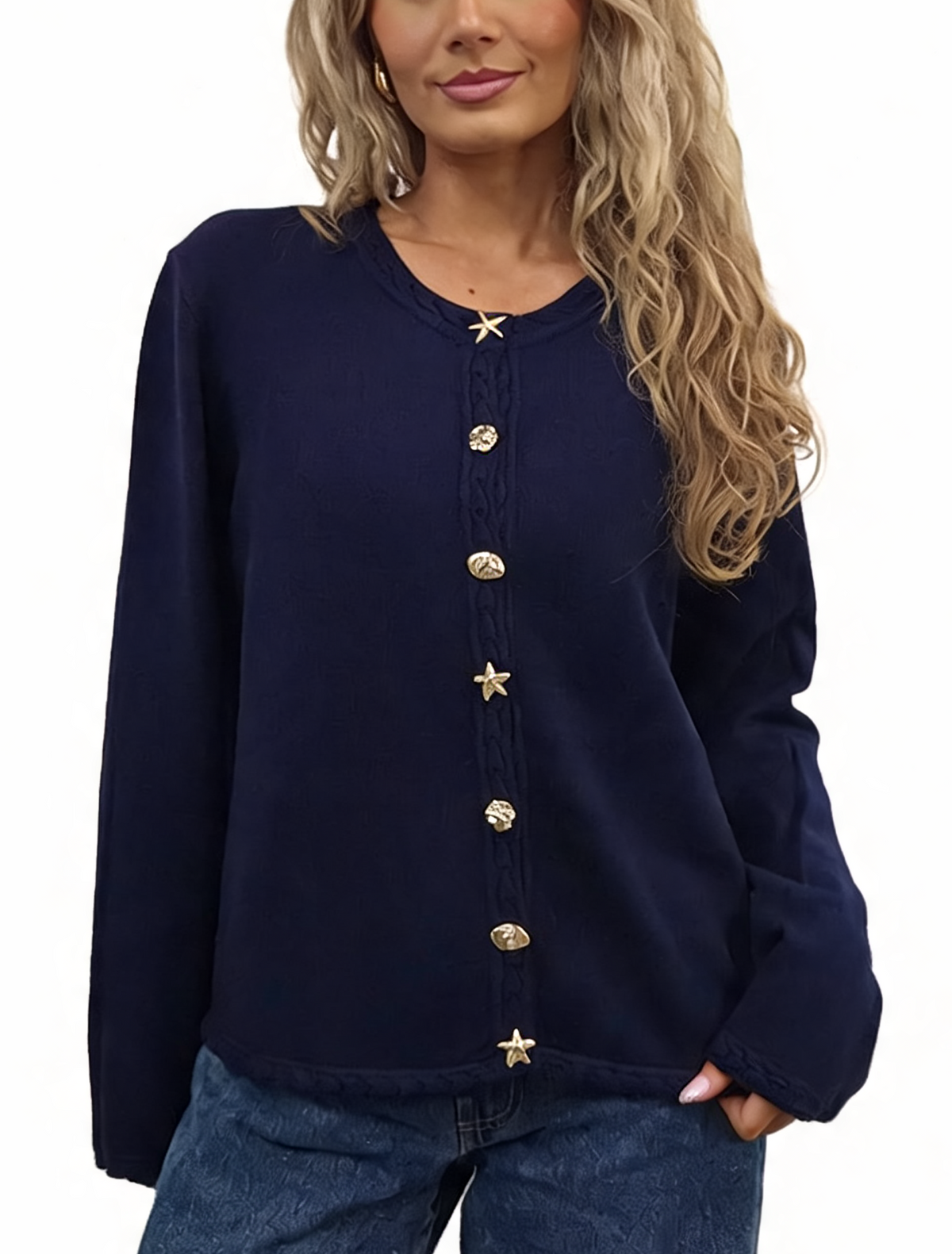 Cropped Relaxed Fit Gold Starfish & Shell Buttons and Braided Cable Trim Cardigan