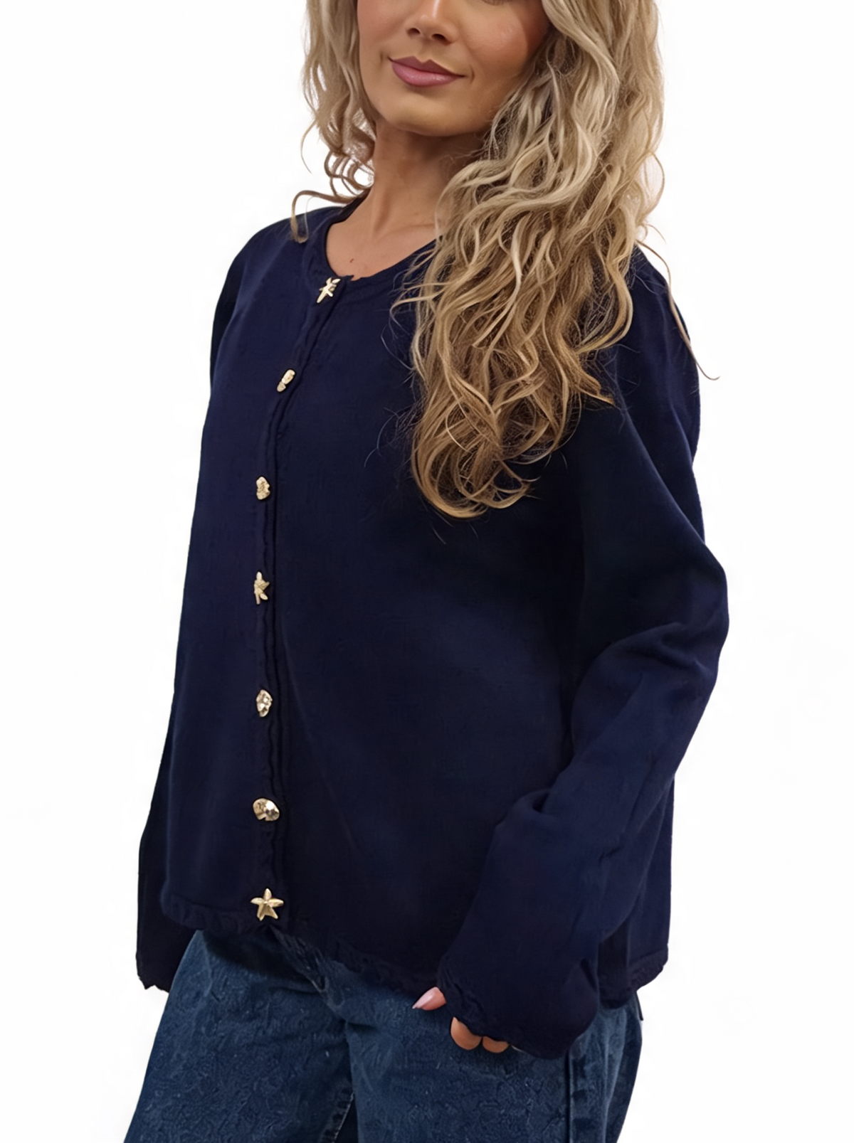 Cropped Relaxed Fit Gold Starfish & Shell Buttons and Braided Cable Trim Cardigan