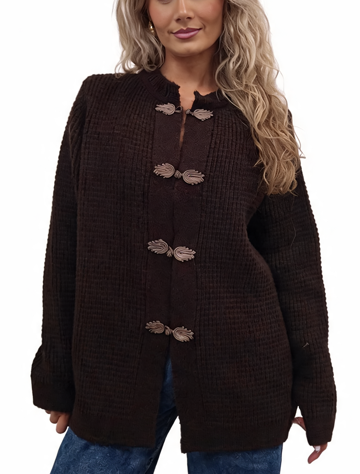 Chunky waffle-knit cardigan in dark brown with frog button knot fastening