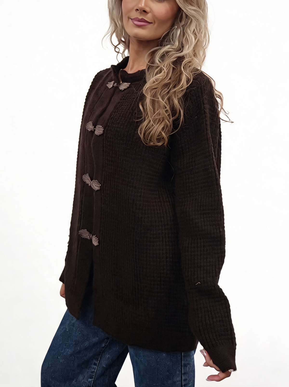 Black chunky waffle-knit cardigan with frog button trim and knot fastening
