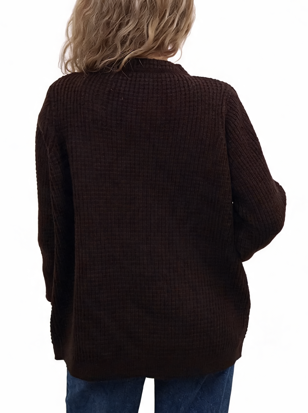 Black chunky waffle-knit cardigan back view with frog-button detailing