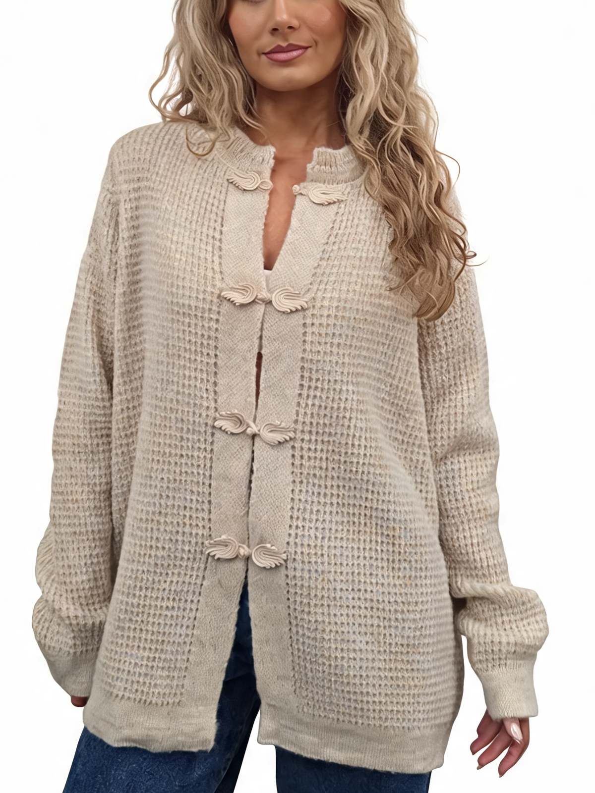 Chunky waffle-knit cardigan in cream with frog button knot fastening