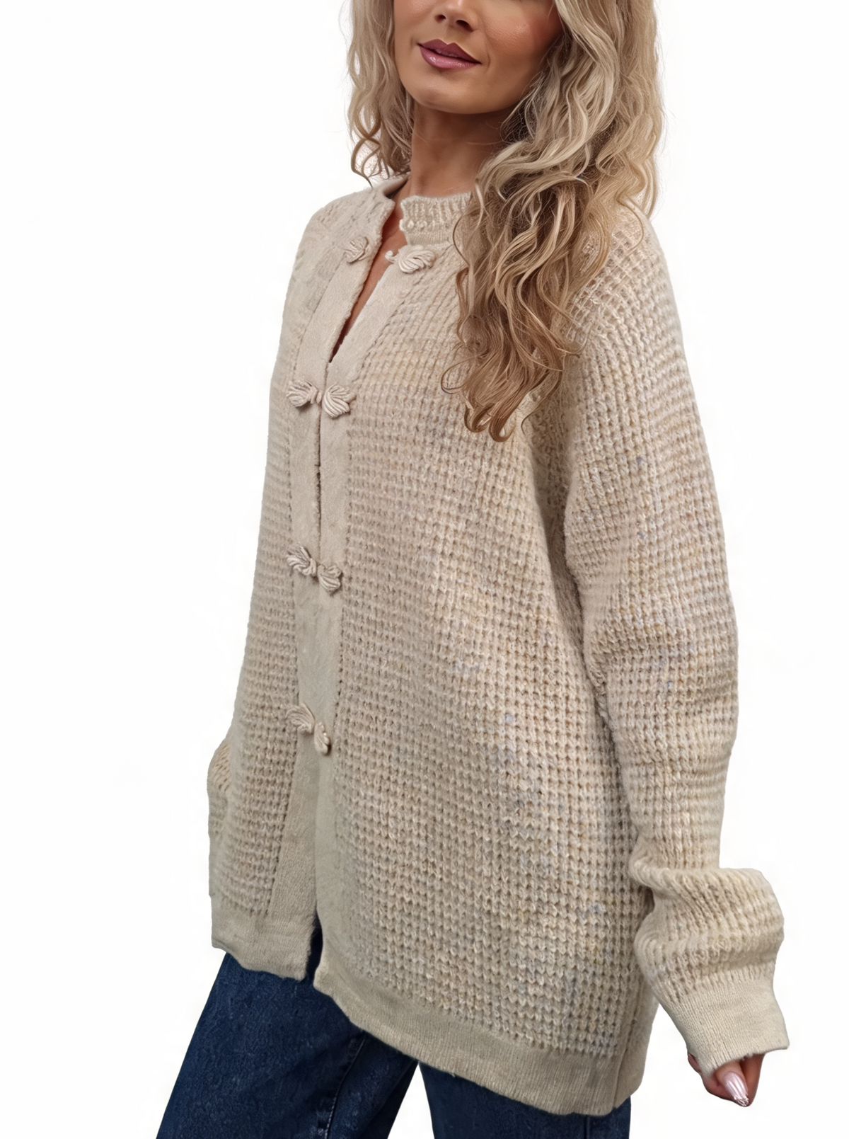 Cream chunky waffle-knit cardigan with frog button trim and knot fastening