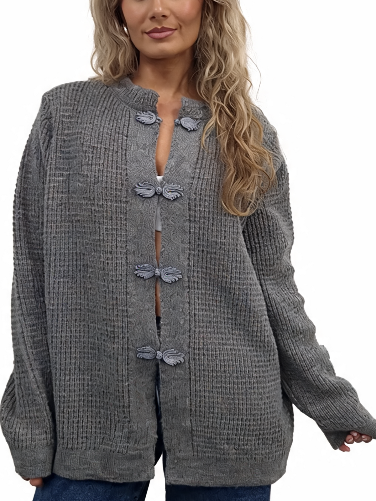 Chunky waffle-knit cardigan in grey with frog button knot fastening