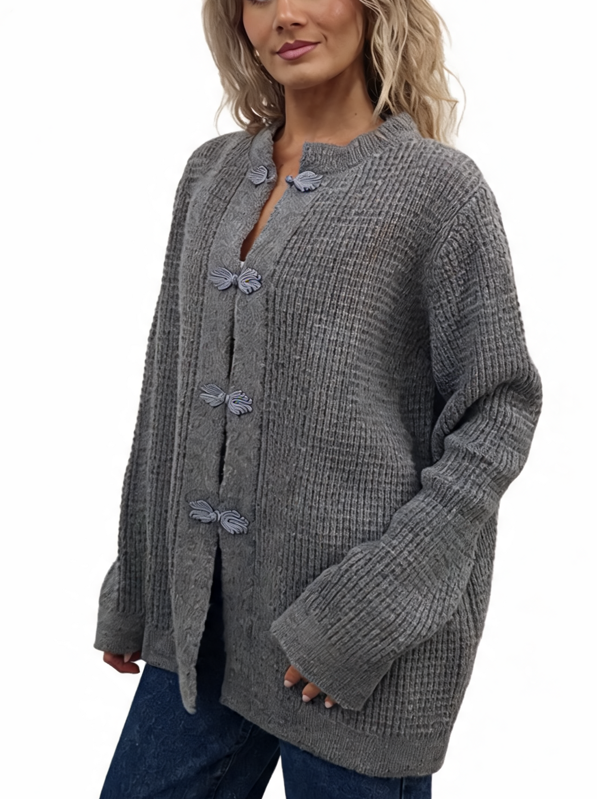Grey chunky waffle-knit cardigan with frog button placket and knot fastening