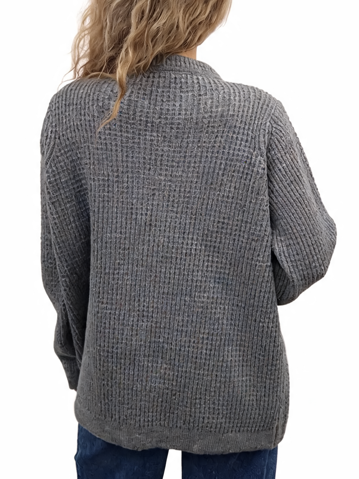 Grey chunky waffle-knit cardigan back view with frog-button detailing