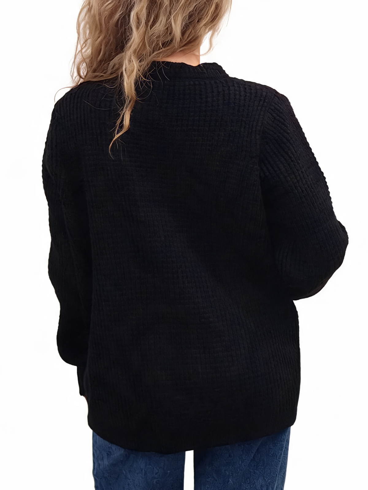 Black chunky waffle-knit cardigan back view with textured waffle knit