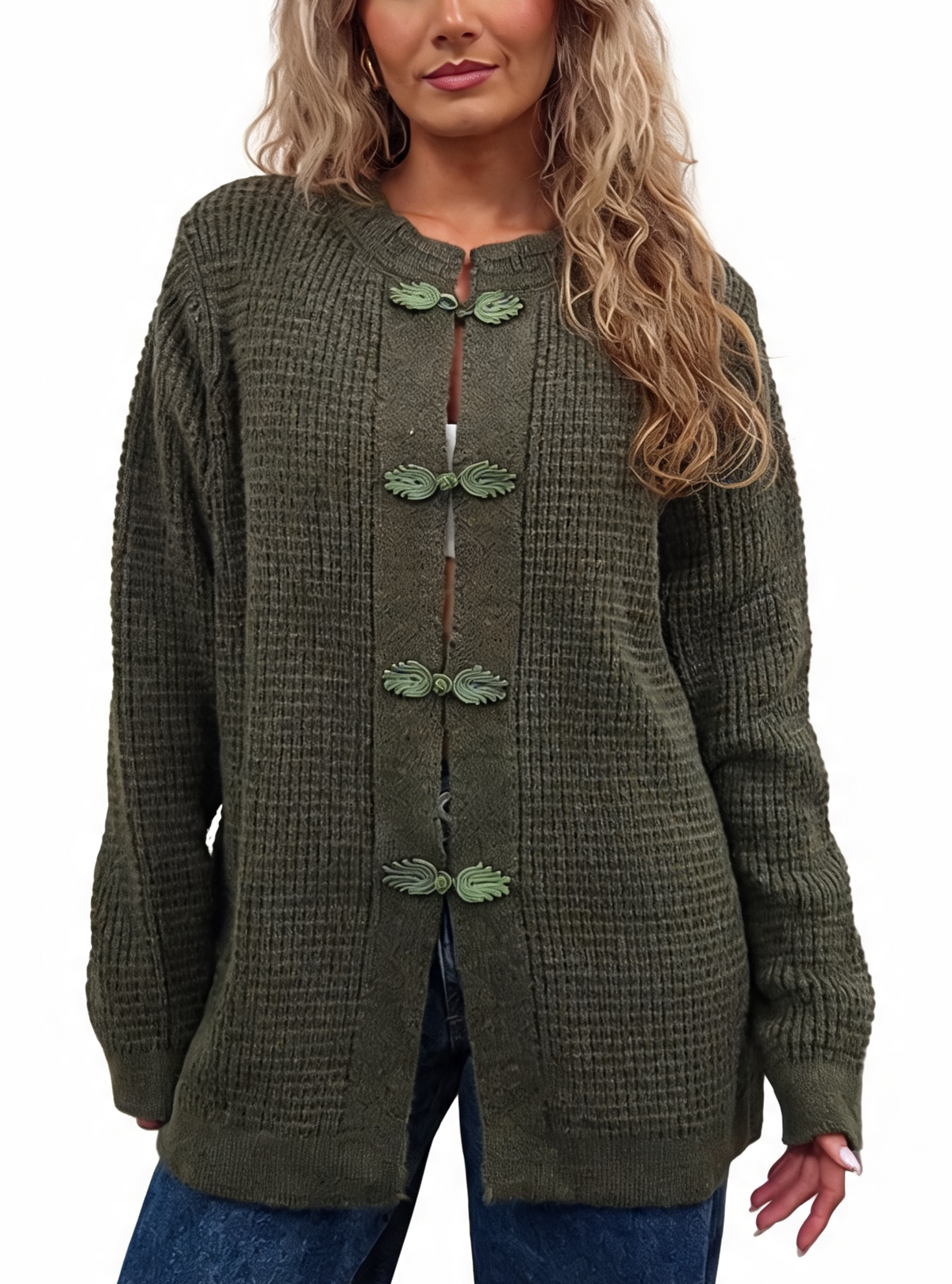Chunky waffle-knit cardigan in olive green with frog button knot fastening