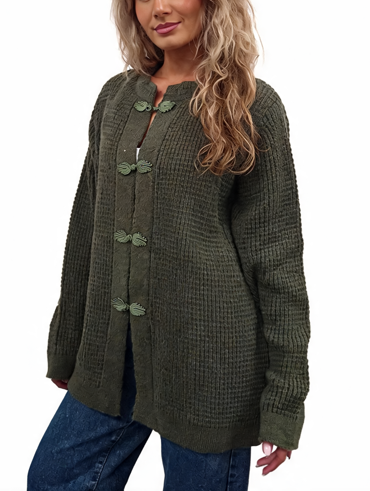 Khaki chunky waffle-knit cardigan with frog button front and knot fastening