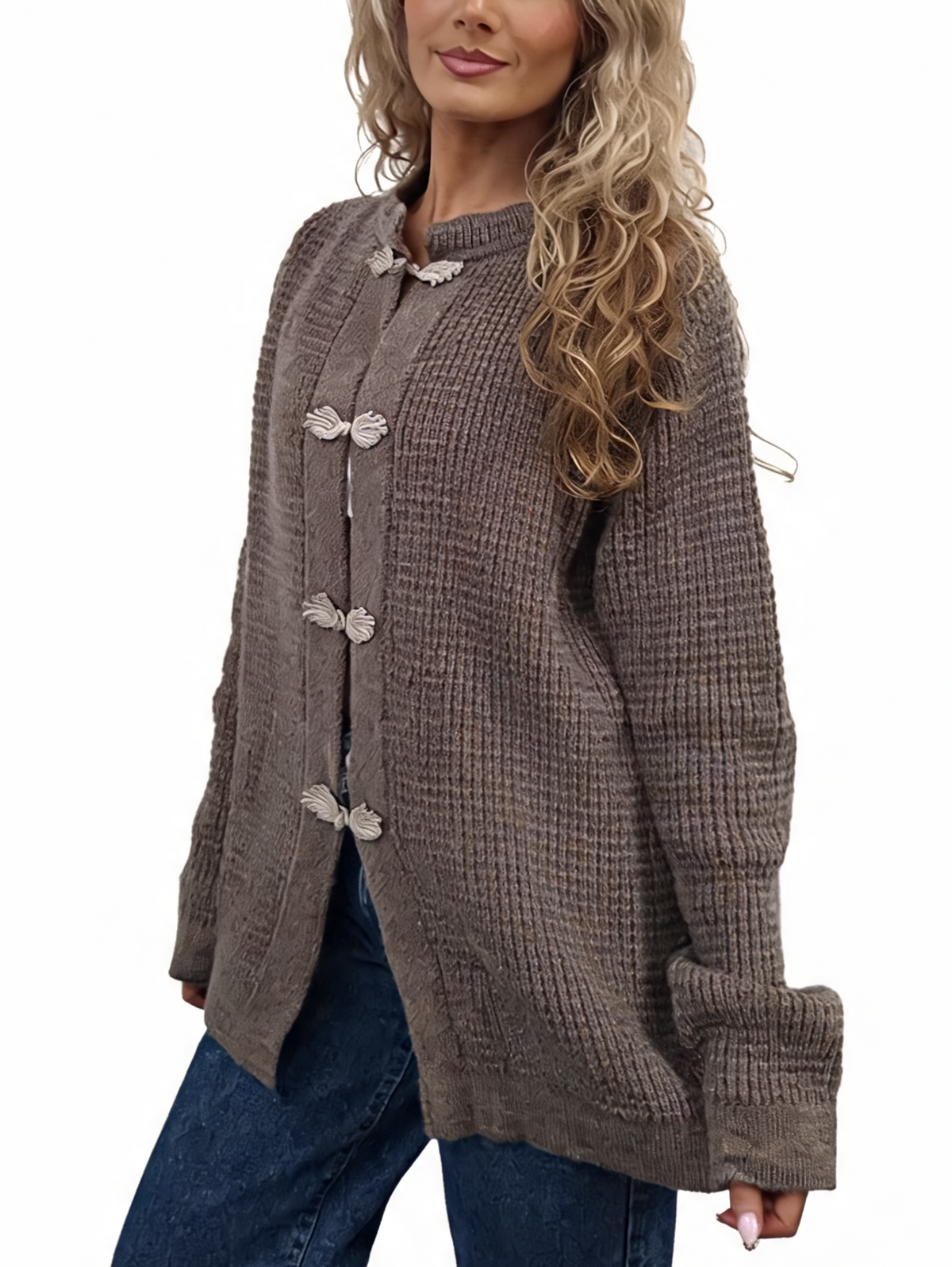 Taupe chunky waffle-knit cardigan with frog button trim and knot fastening