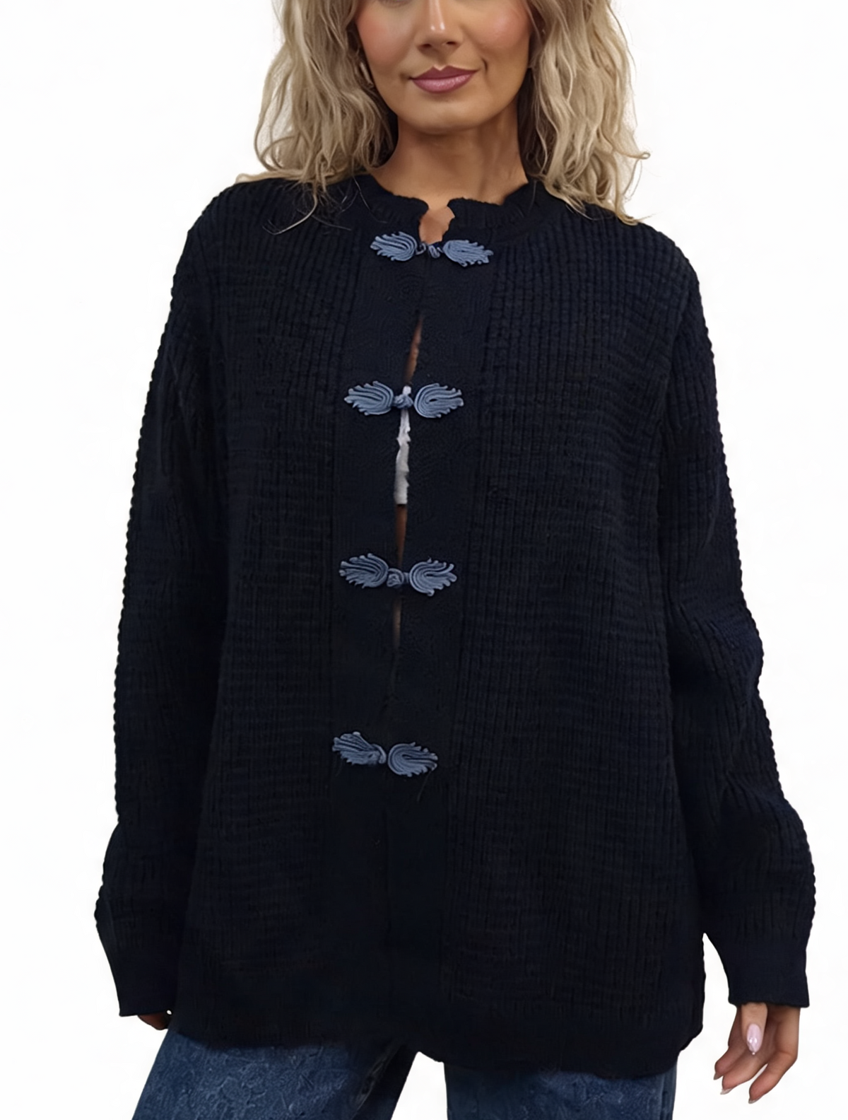 Chunky waffle-knit cardigan in dark navy with frog button knot fastening