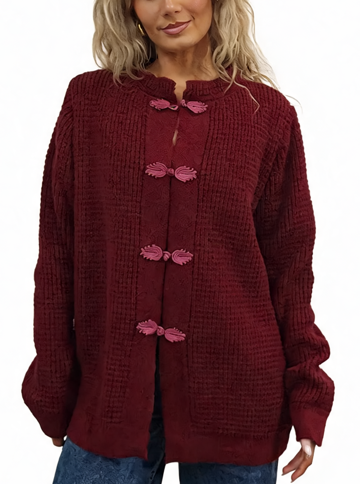 Chunky waffle-knit cardigan in burgundy with frog button knot fastening