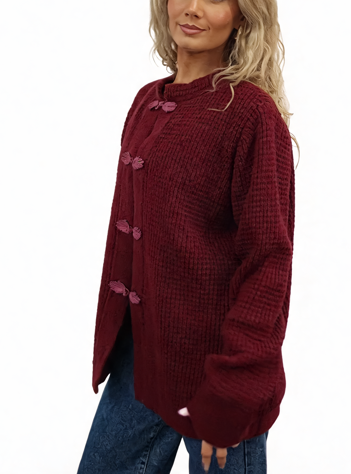 Chunky waffle-knit cardigan in deep burgundy with frog button knot fastening