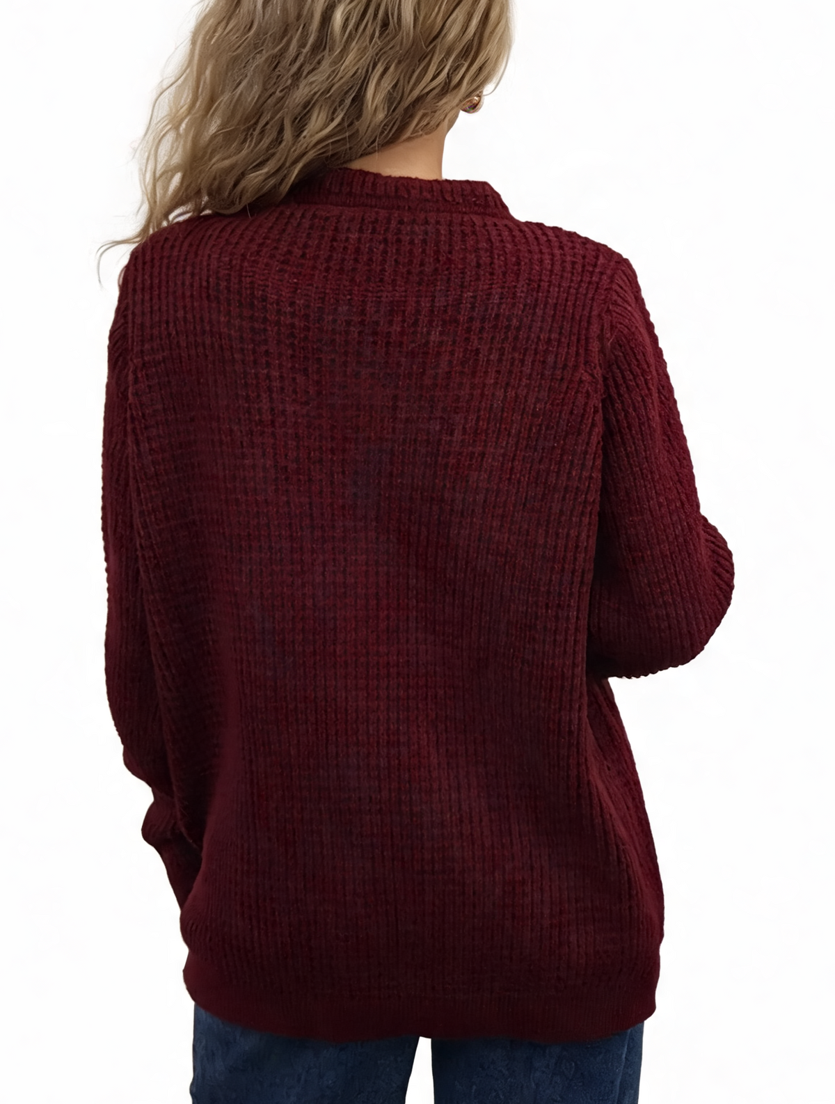 Back view of chunky waffle-knit cardigan in deep burgundy with relaxed fit