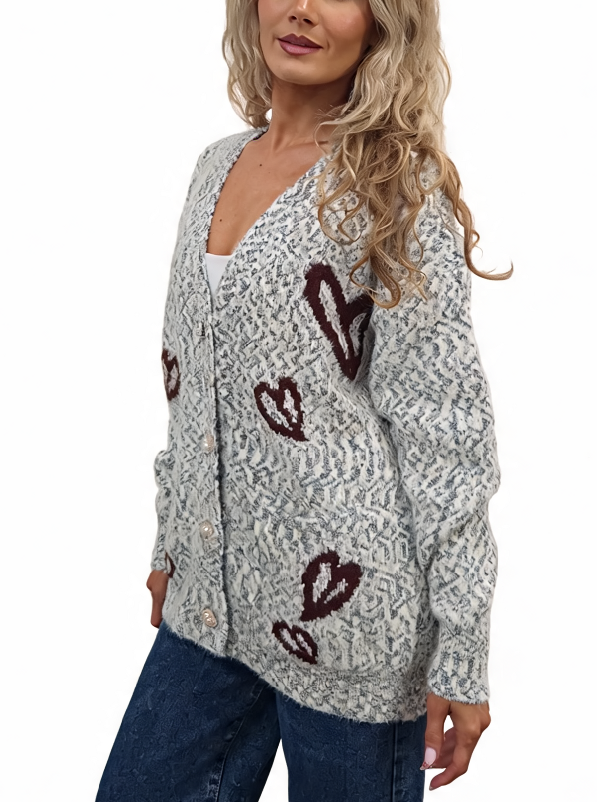 White speckled fluffy knit oversized cardigan with V-neck, pearl buttons, and red heart pattern