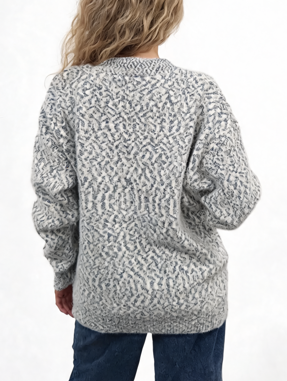 Oversized marl-knit heart cardigan, light gray speckle with pearl button front