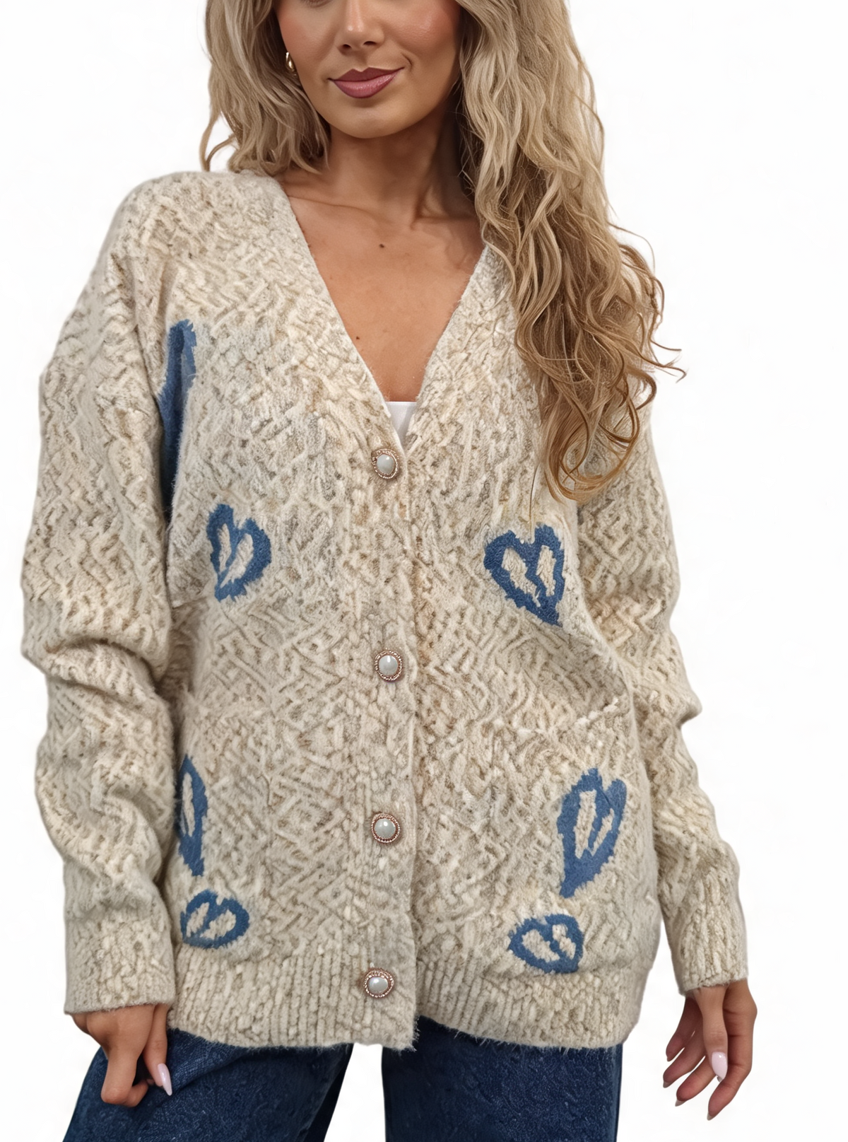 Ivory fluffy knit oversized cardigan with V-neck, pearl buttons, and blue heart pattern