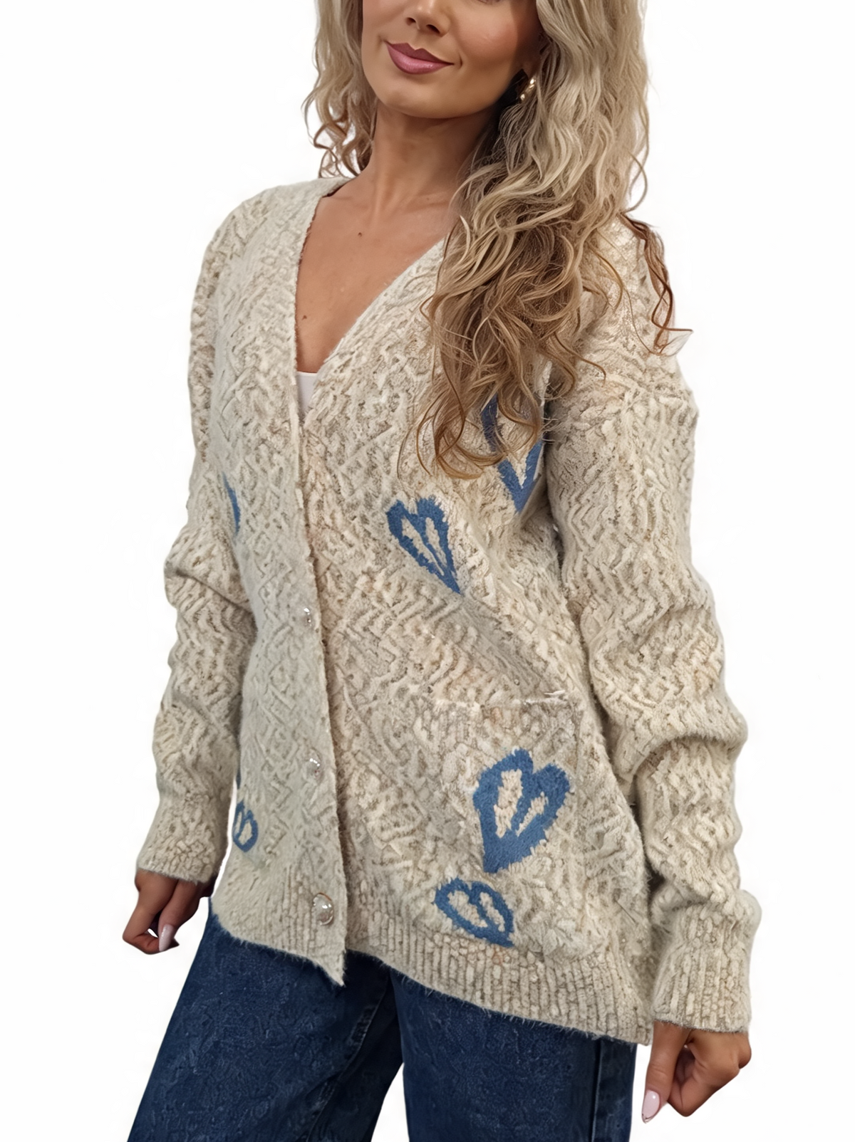 Oversized heart-knit cardigan, cream with blue heart pattern and pearl button front