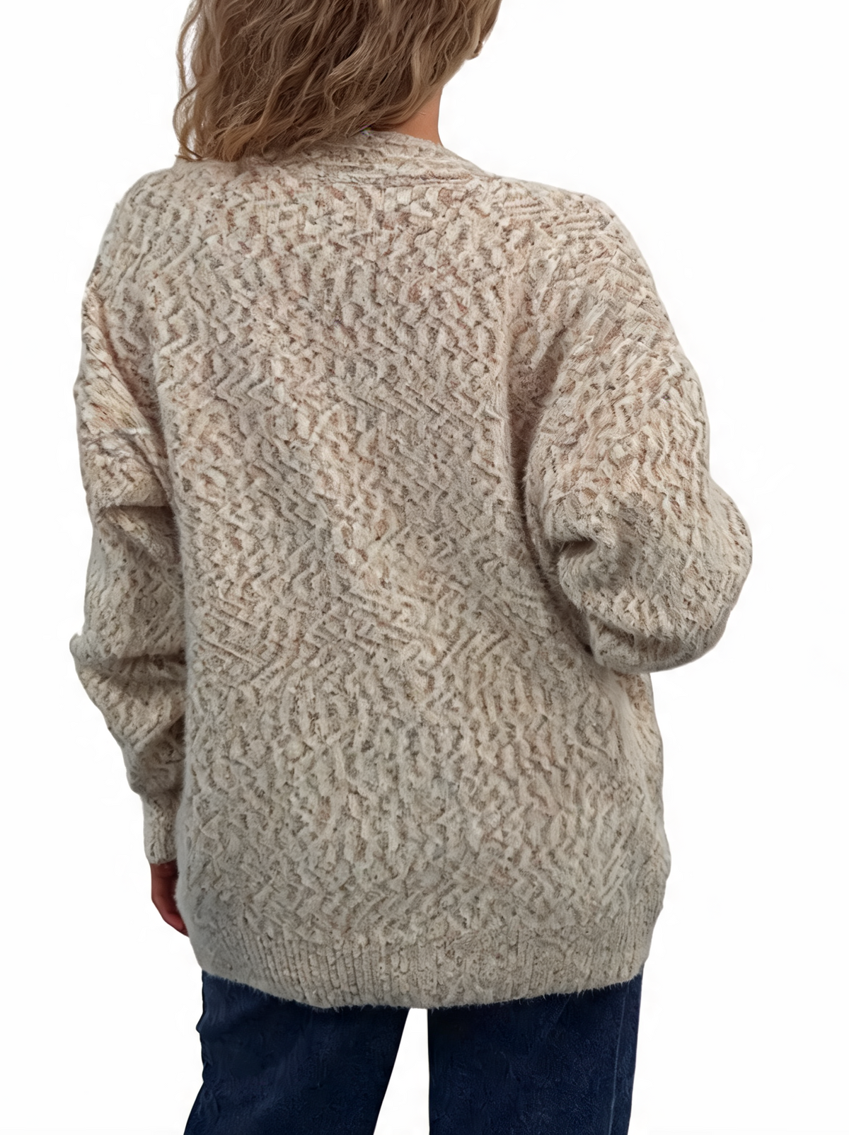 Oversized heart-knit cardigan, cream marl texture with buttoned back