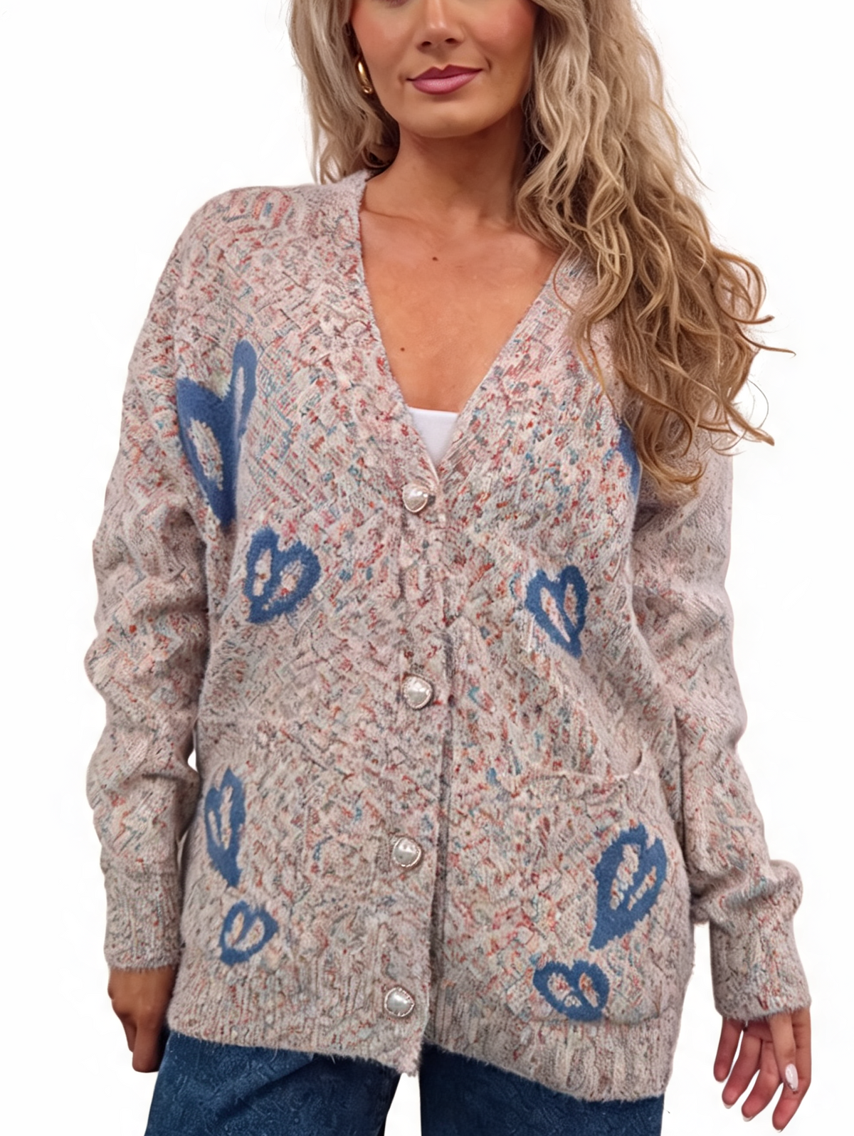 Beige-pink fluffy knit oversized cardigan with V-neck, pearl buttons, and blue heart pattern
