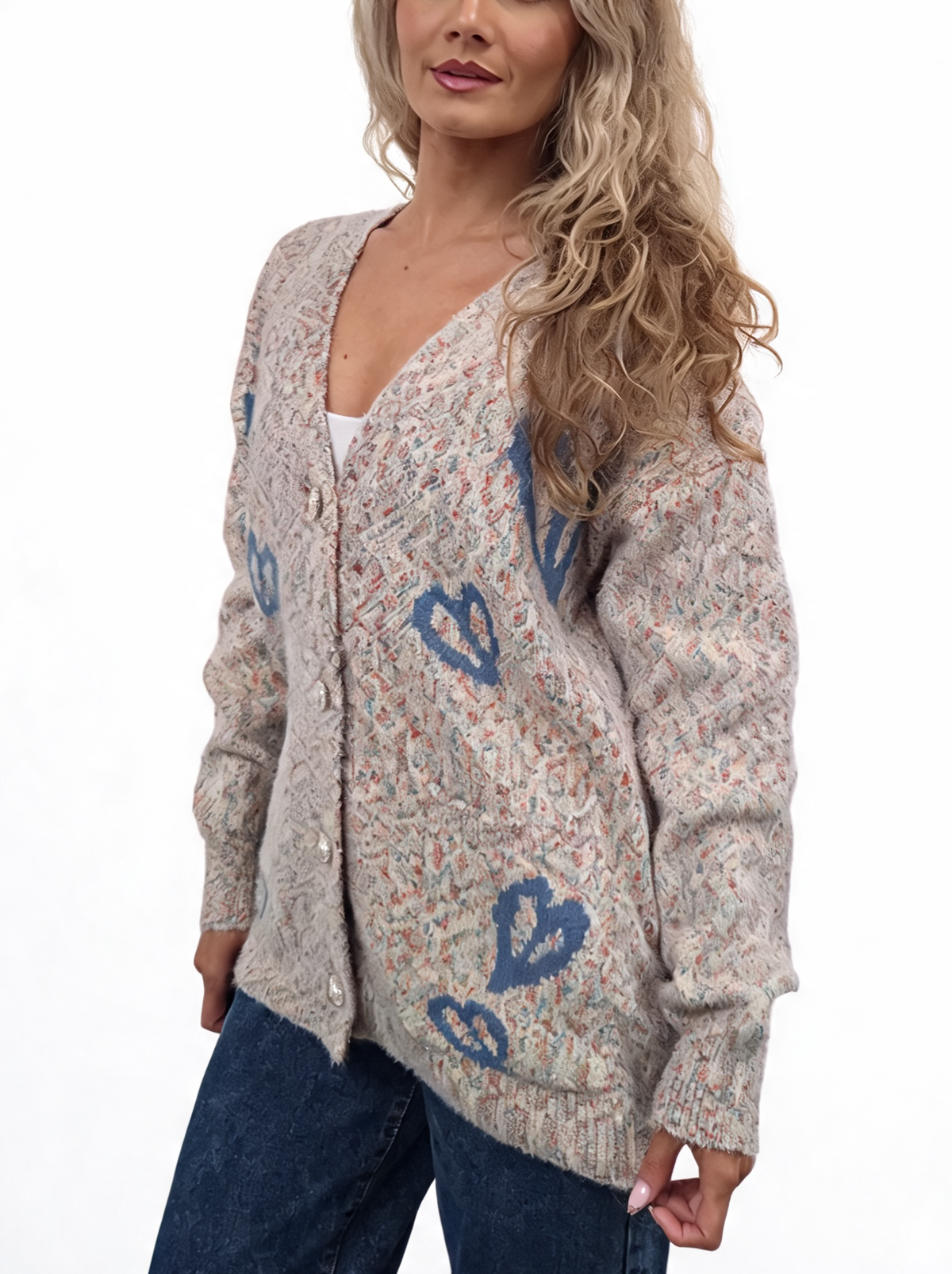 Oversized heart-knit cardigan, light speckled knit with blue heart accents and pearl buttons