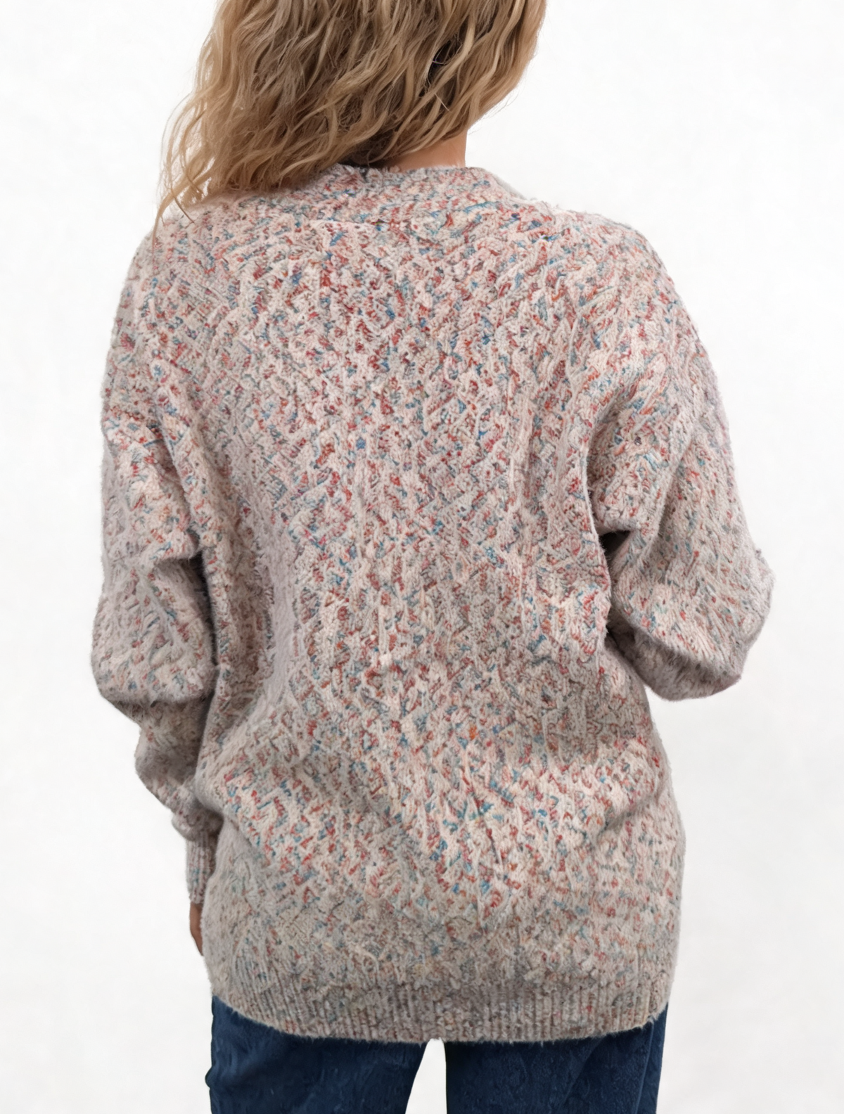 Oversized heart-knit cardigan, light multicolor speckled knit on the back
