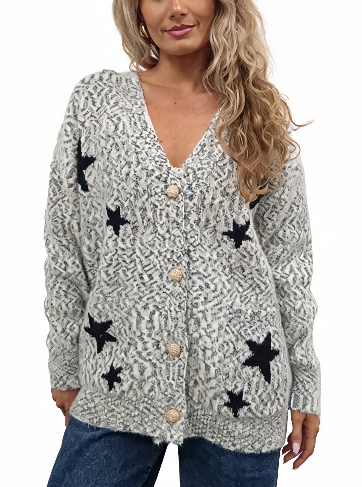 Fluffy marl-knit cardigan with star pattern and gold-tone button front, heather grey base
