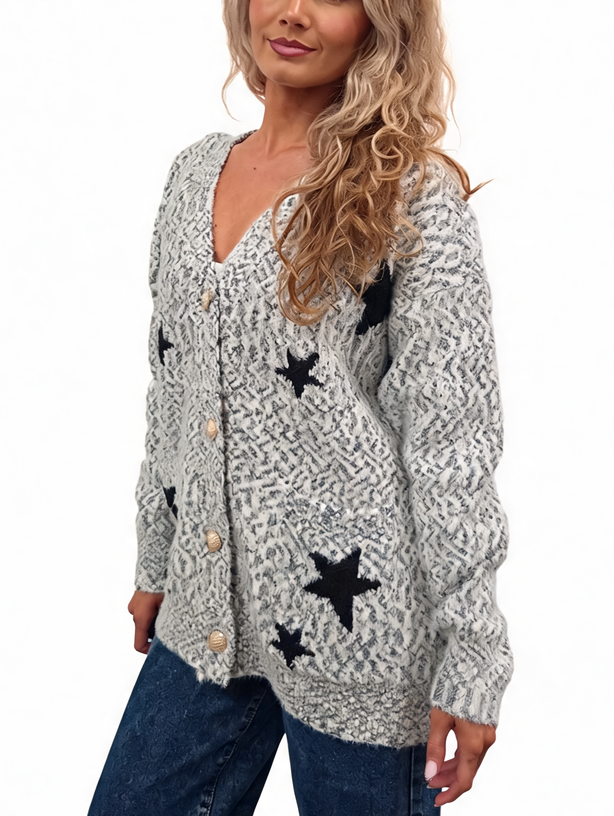 Fluffy marl-knit cardigan with star pattern and gold-tone button front, light grey base