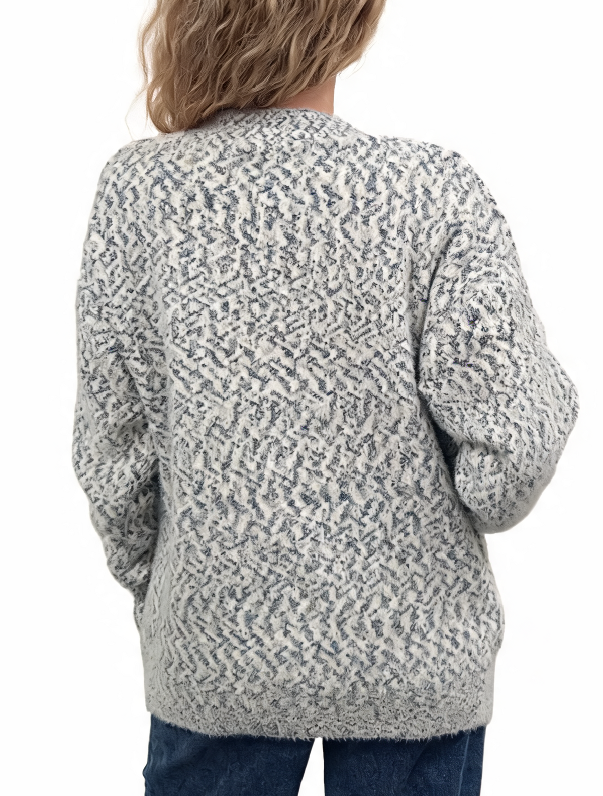 Fluffy marl-knit cardigan back view with star pattern and textured knit, light grey base