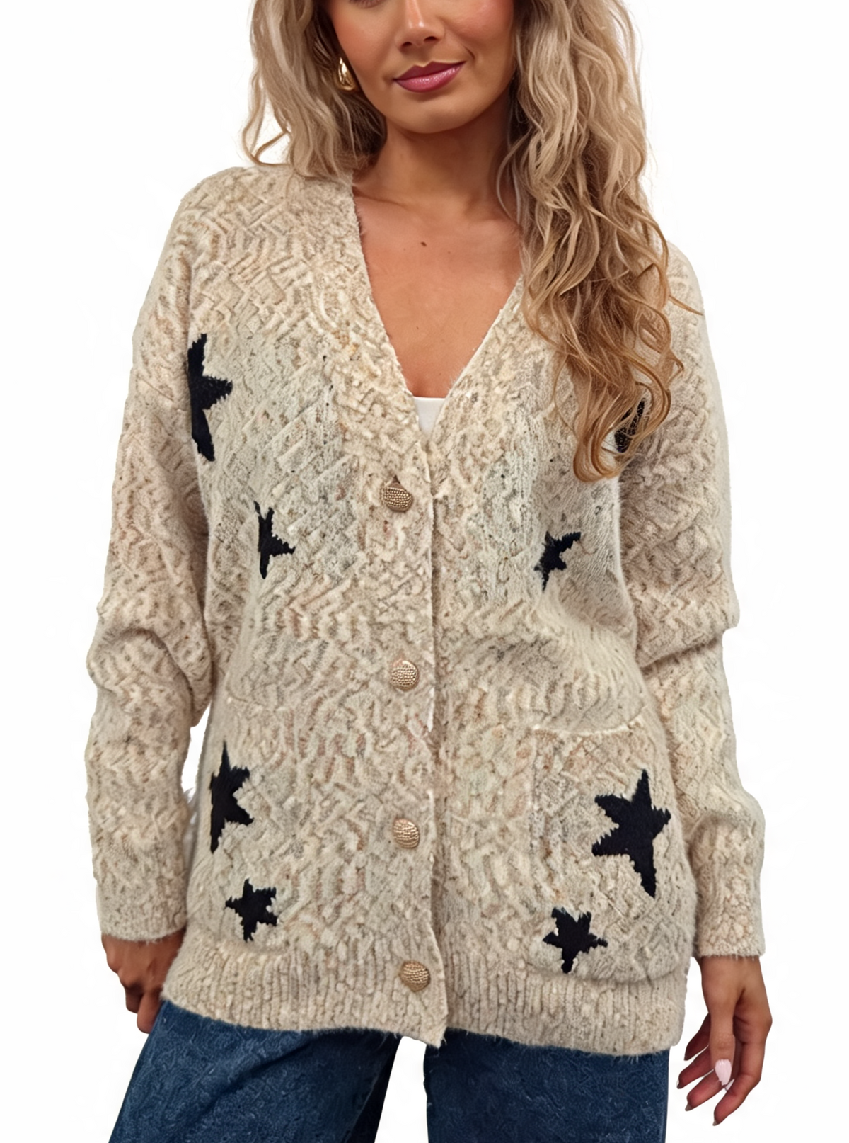 Fluffy marl-knit cardigan with star pattern and gold-tone button front, cream base