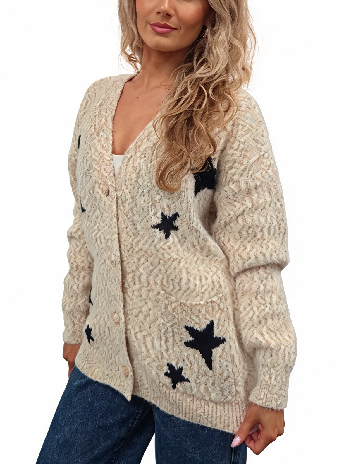 Fluffy marl-knit cardigan with star pattern and gold-tone button front, off-white base