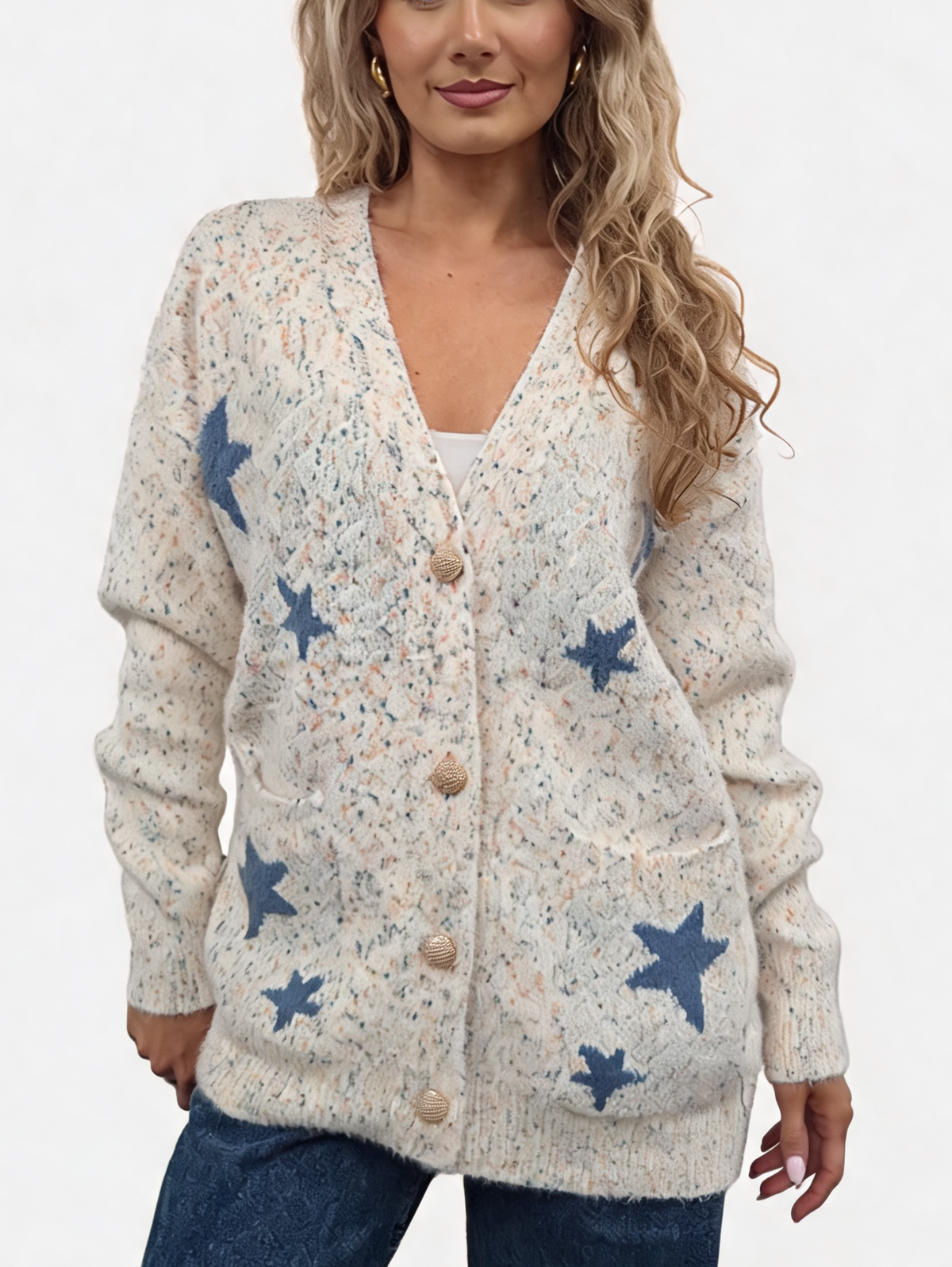 Fluffy marl-knit cardigan with star pattern and gold-tone button front, cream base