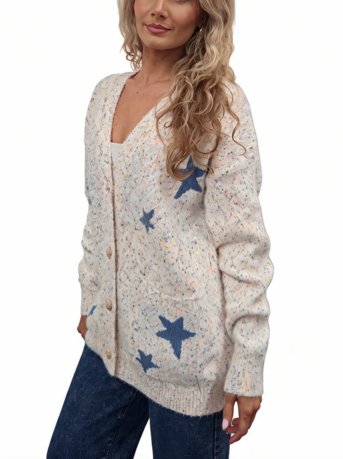 Speckled fluffy cardigan with blue star motifs and V neckline