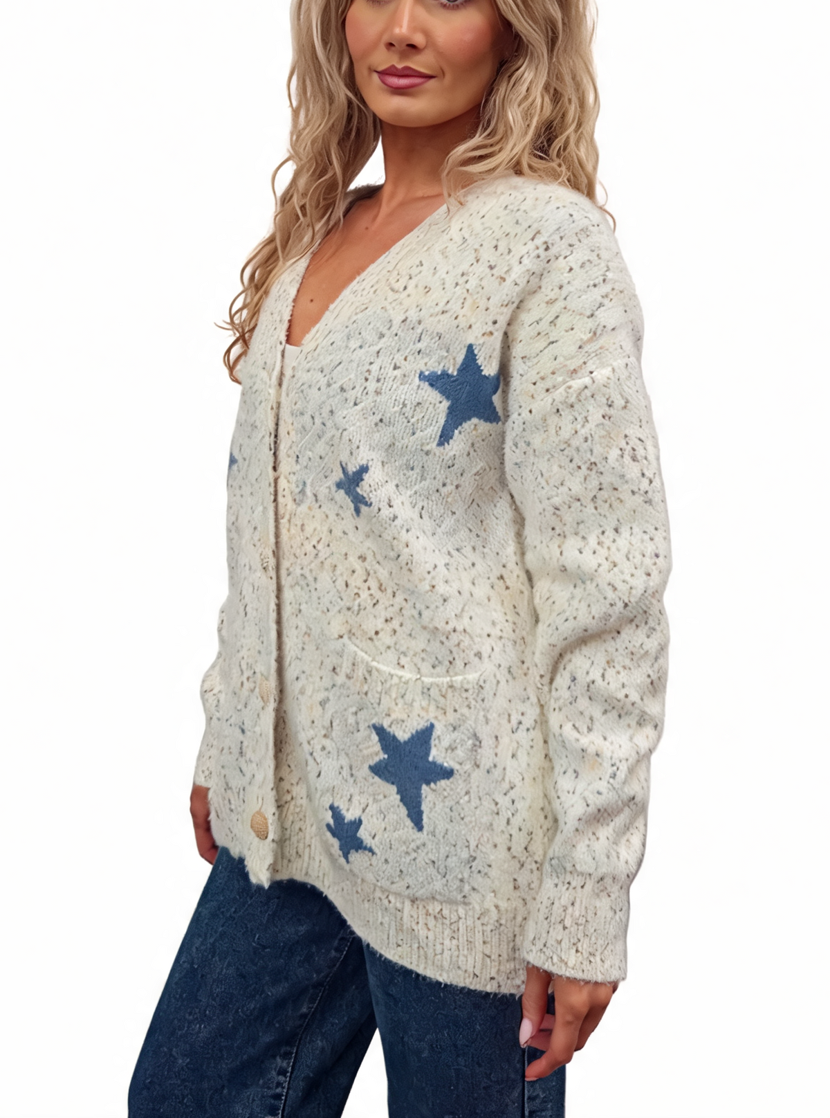 Fluffy star-motif cardigan with textured knit and ribbed cuffs