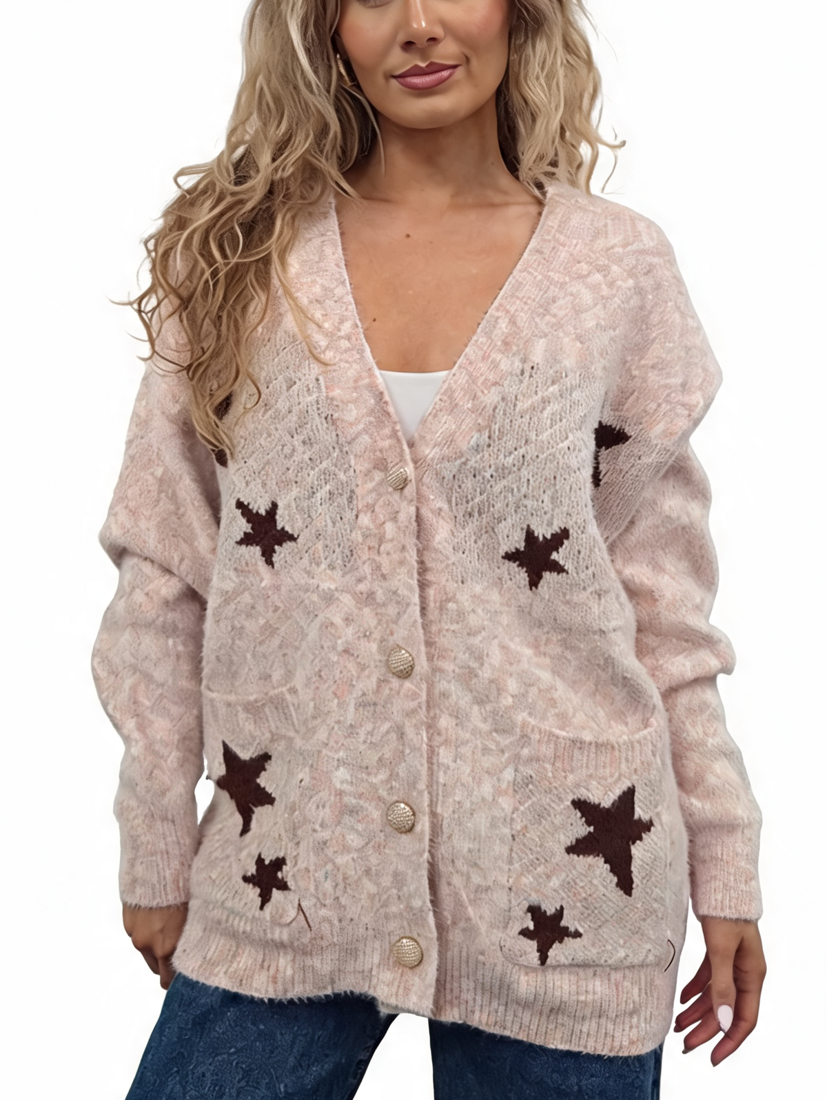 Fluffy marl-knit cardigan with star pattern and gold-tone button front, light pink base