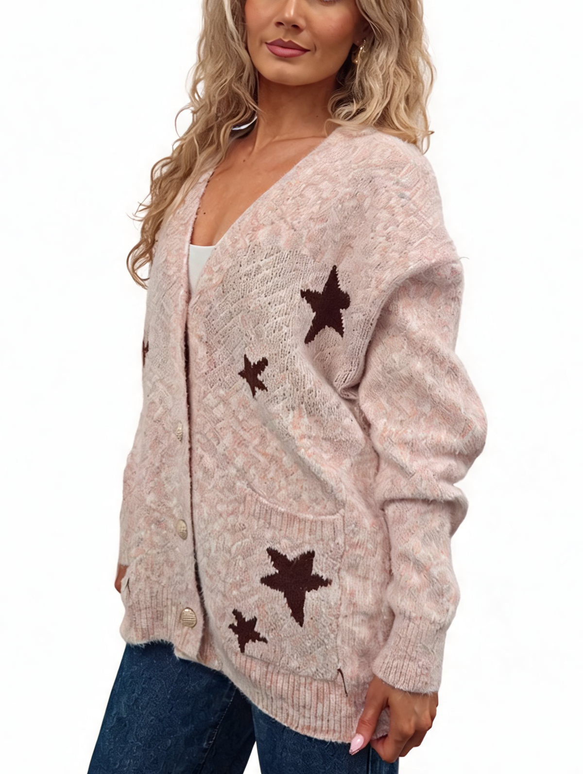 Fluffy marl-knit cardigan in pink with dark star appliques