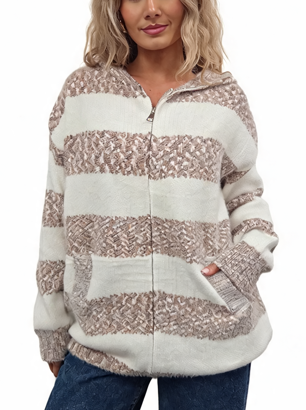 Fluffy striped zip-up knit hoodie in beige/brown and off-white speckled stripes, hood, pocket