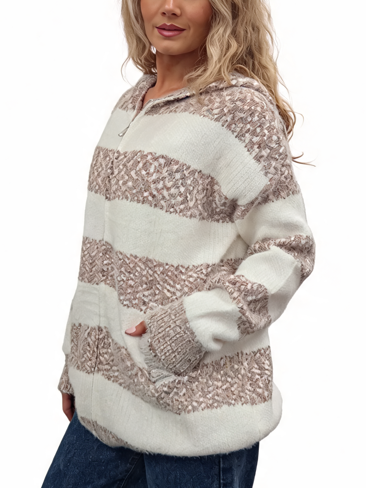Cream knit zip-up hoodie with taupe striped pattern, hood, and front kangaroo pocket