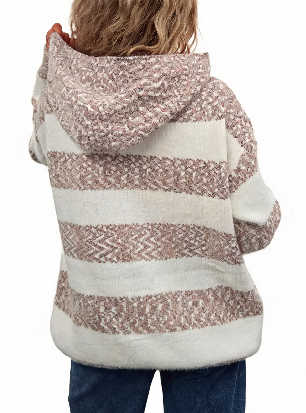 Cream knit hoodie with taupe striped bands, attached hood, kangaroo pocket, back