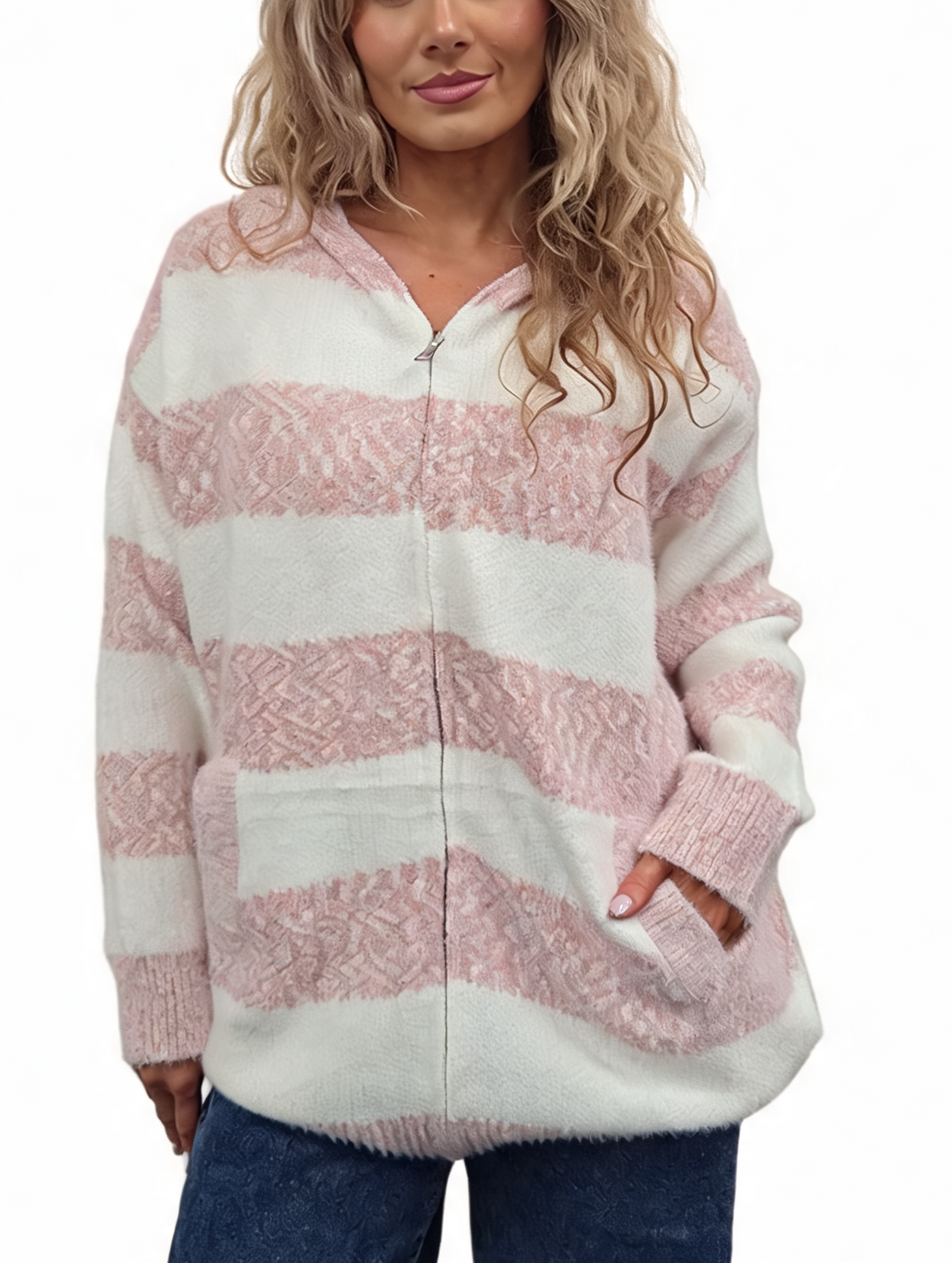 Fluffy striped zip-up knit hoodie in pink and cream speckled knit, hood, kangaroo pocket