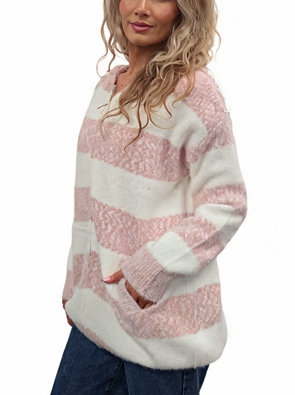 Pink knit hoodie with white stripes, hood, and front kangaroo pocket