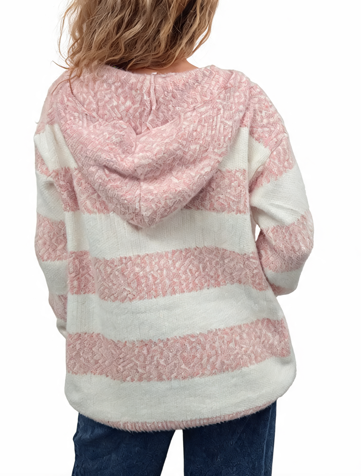 Pink knit hoodie with white striped bands and hood, kangaroo pocket, back view