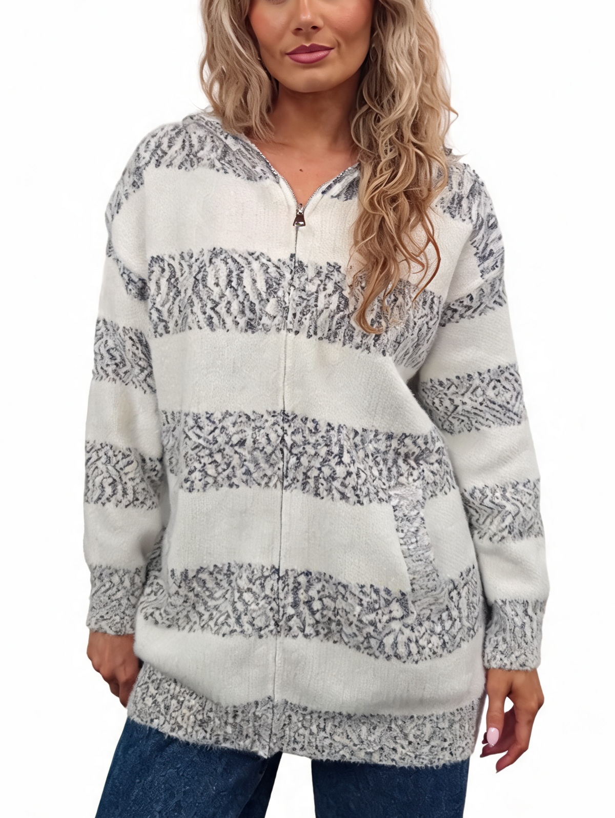 Fluffy striped zip-up knit hoodie in grey and off-white speckled stripes, hood, kangaroo pocket